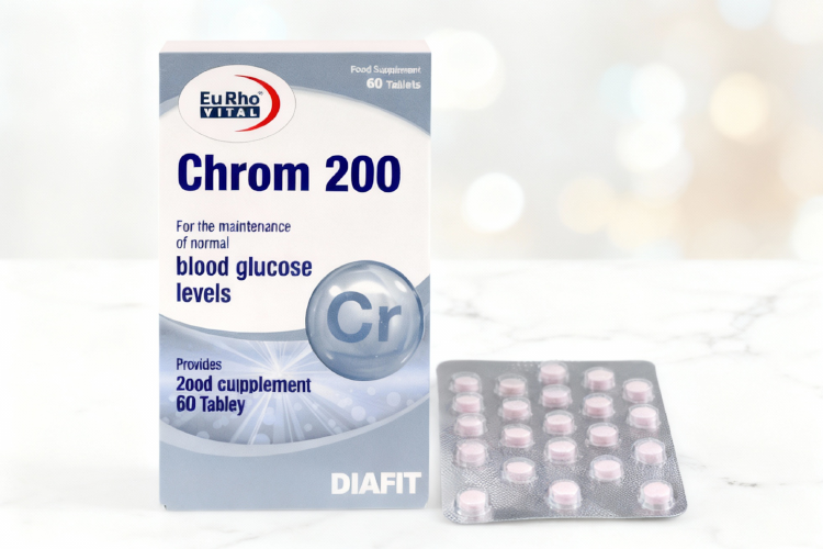 قرص کروم ۲۰۰ یوروویتال روی سطح سفید مرمر